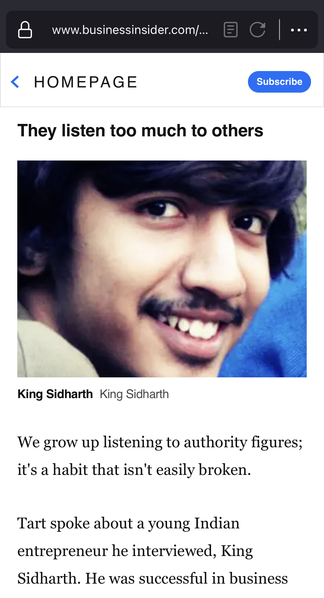 Screenshot of Business Insider article featuring King Sidharth