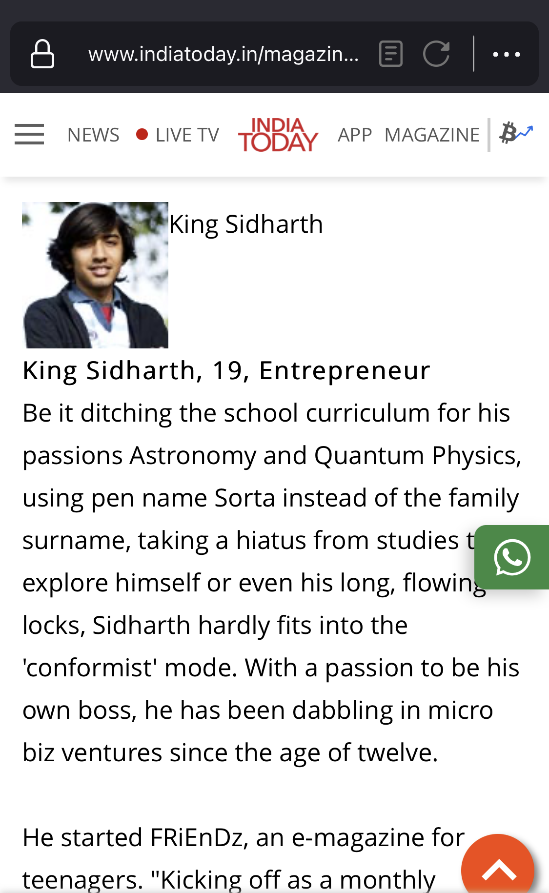Screenshot of IndiaToday article featuring King Sidharth
