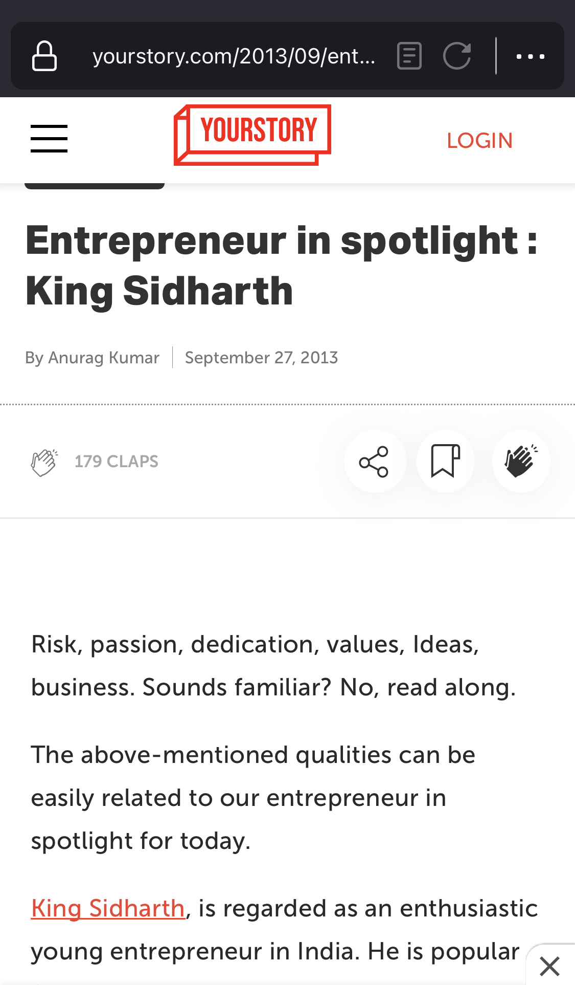 Screenshot of YourStory article featuring King Sidharth